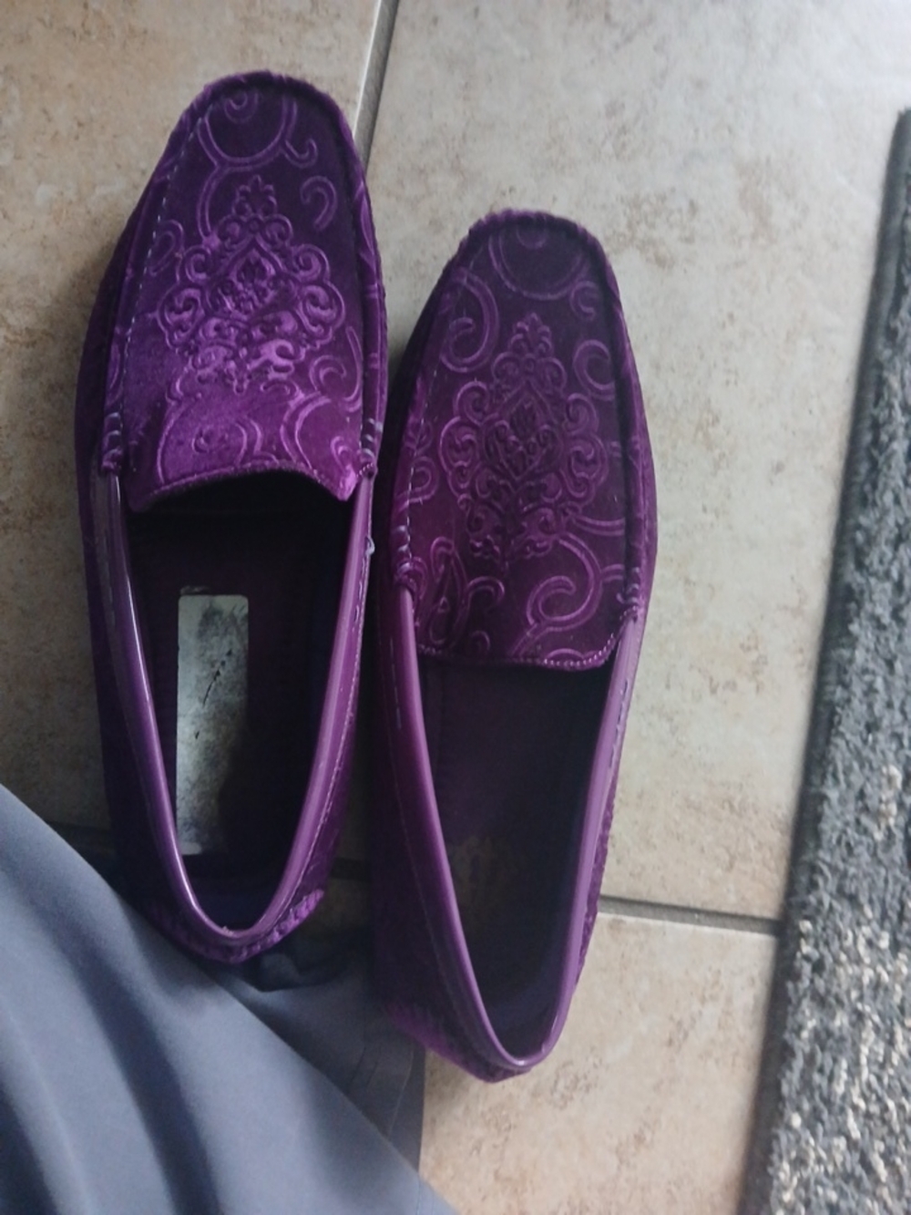 Purple Velvet Embossed Slip-On Loafers -